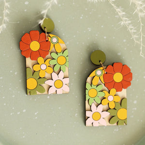 70s Burnt Orange Floral Arch Earrings hand painted on lightweight wood by LE CHIC MIAMI