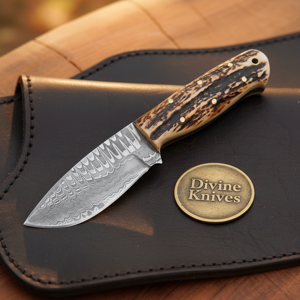 Stag Handle Ranch Skinner Knife with Forged Drop Point Blade and Basketweave Sheath by Divine Knives — product view 2