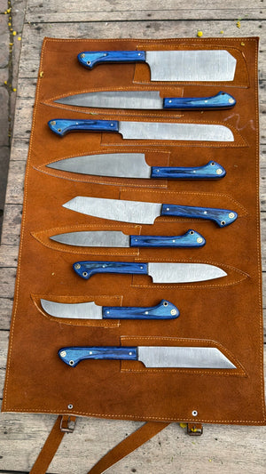 9-Piece Damascus Kitchen Knife Set with Leather Roll and Blue Pakka Wood Handles