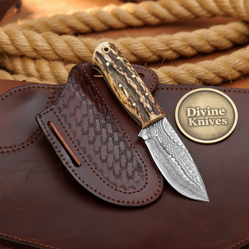Stag Handle Ranch Skinner Knife with Forged Drop Point Blade and Basketweave Sheath by Divine Knives — product view 1
