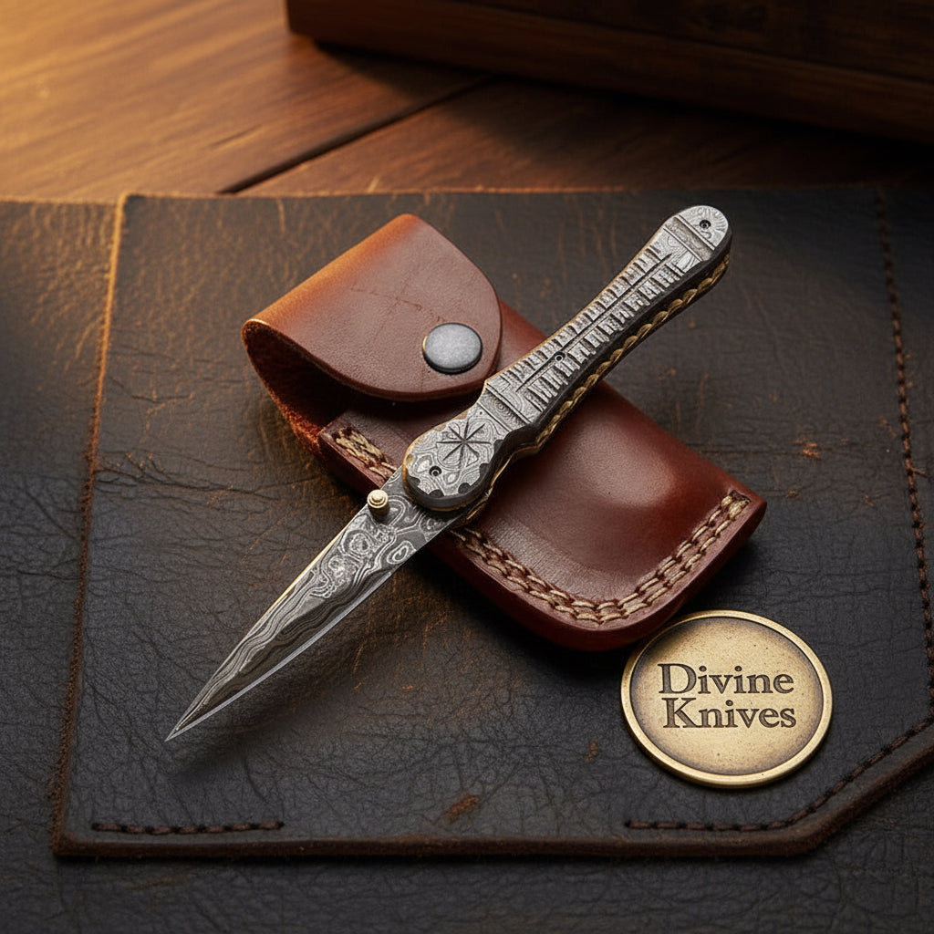 Engraved Damascus Liner-Lock Dagger Folder by Divine Knives