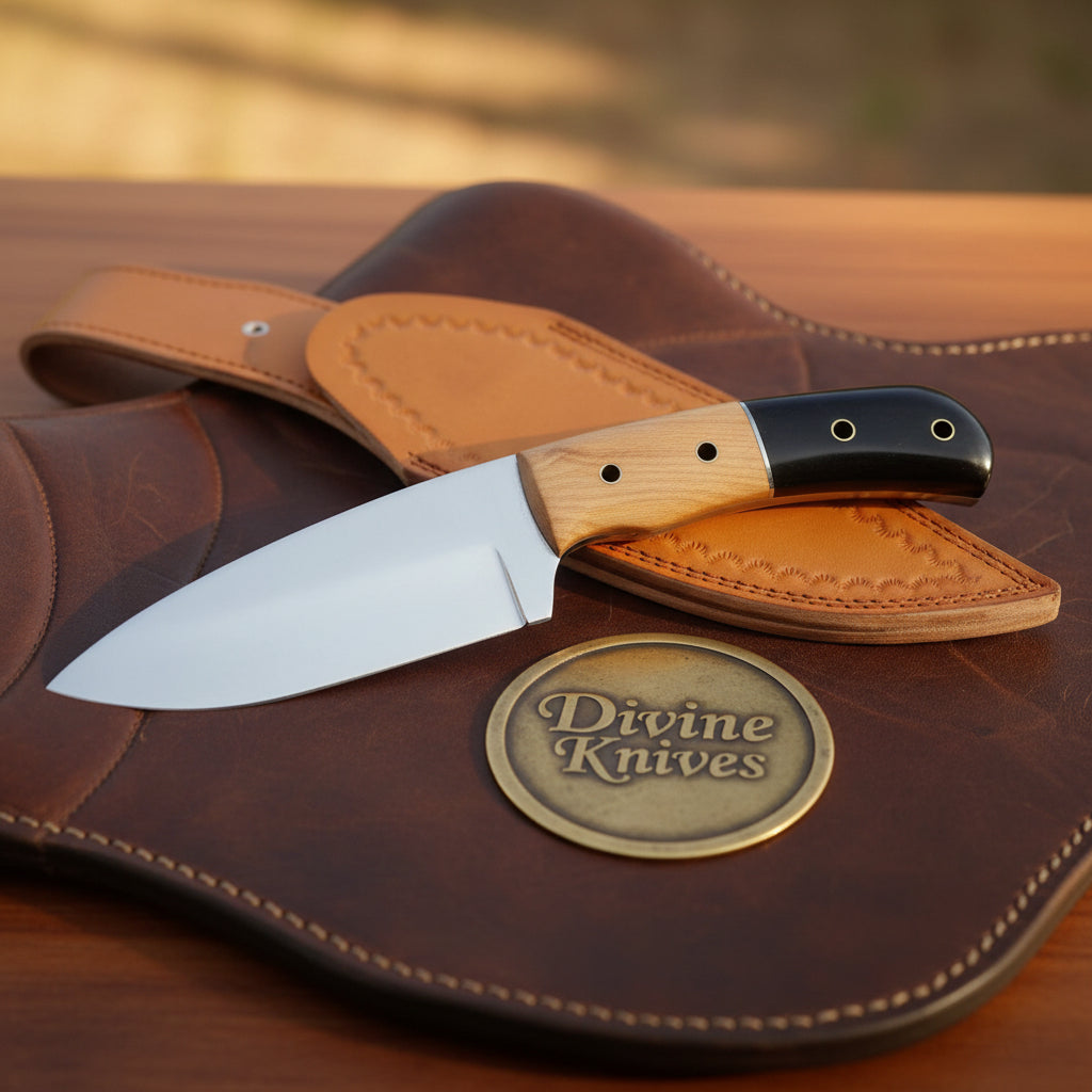 Olive Wood Handle EDC Knife with Buffalo Horn Inlay and Stamped Tan Leather Sheath by Divine Knives — product view 2