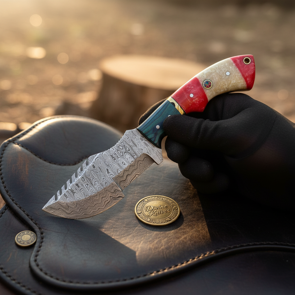 Segmented Resin Damascus Tracker Knife with Color-Blocked Handle by Divine Knives — product view 1