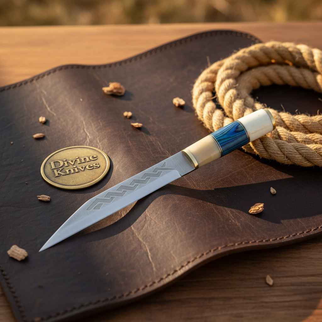 Hybrid Handle Broken-Back Seax Knife with Bone and Blue Accent Handle by Divine Knives — product view 1