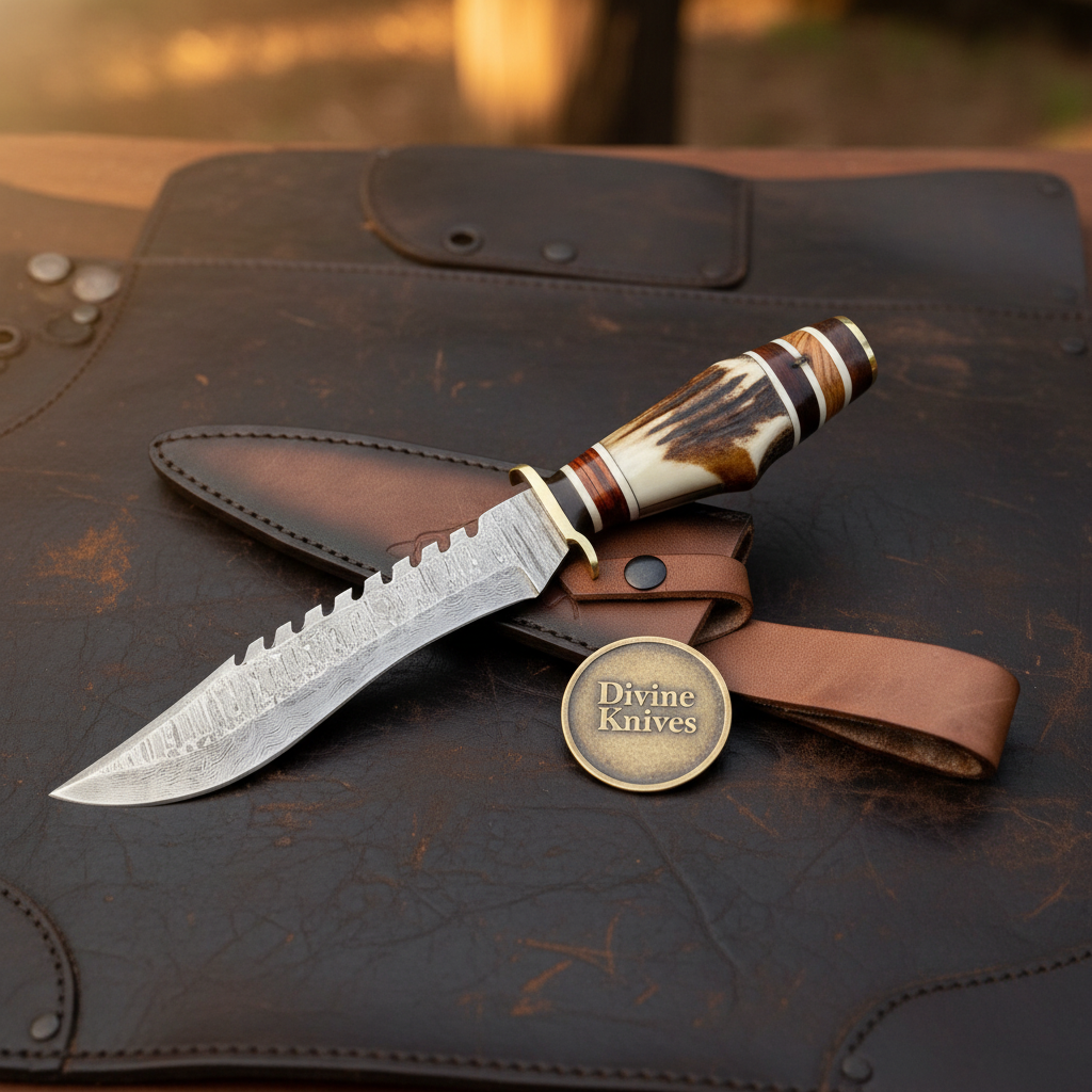 Sawtooth Spine Hunting Knife with Stacked Stag Handle and Hand Forged Layered Blade by Divine Knives — product view 2