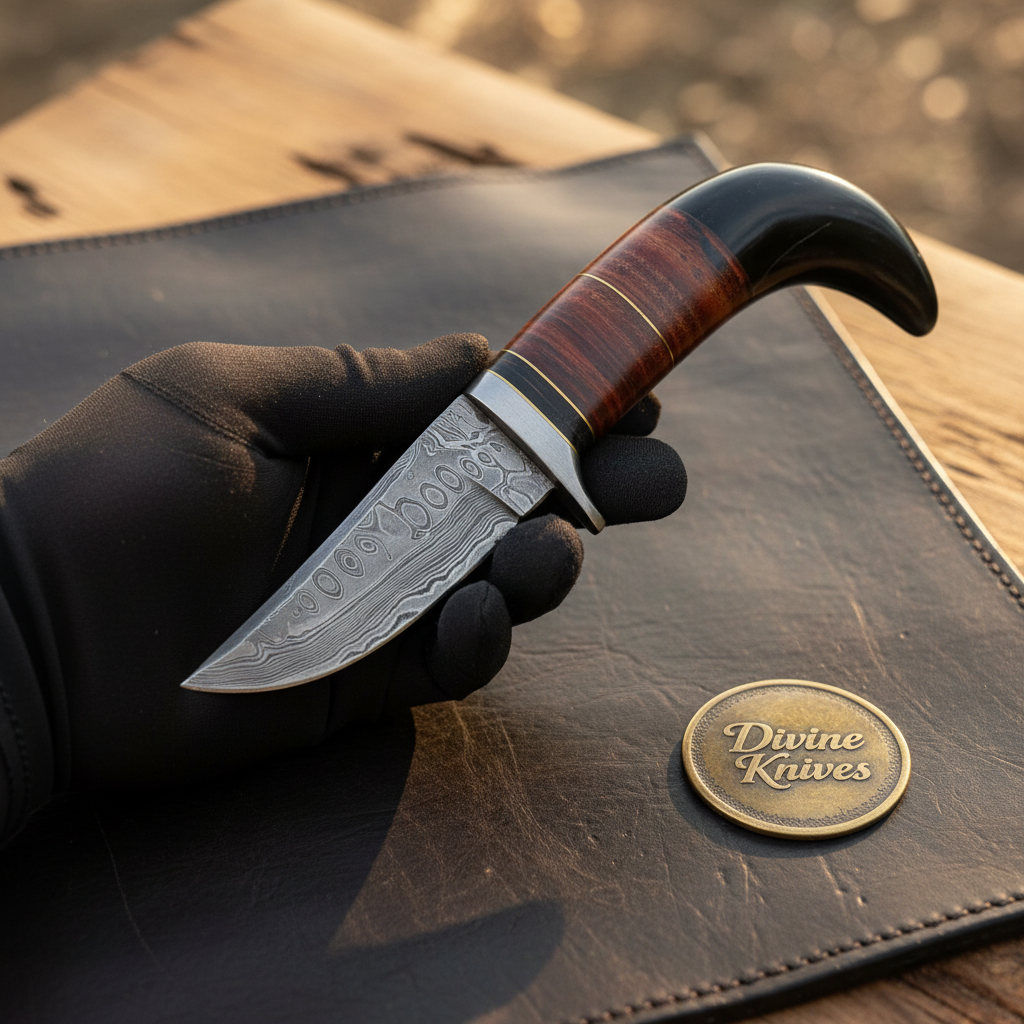 Buffalo Horn Caping Knife with Stacked Leather Grip and Braid Tooled Leather Sheath by Divine Knives — product view 2