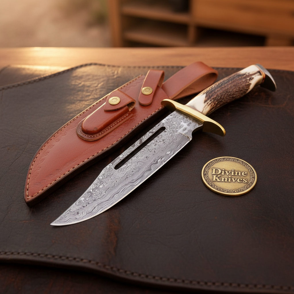 Staghorn Damascus Rambo Bowie with Dual Slots for Heavy Field Work by Divine Knives — product view 2