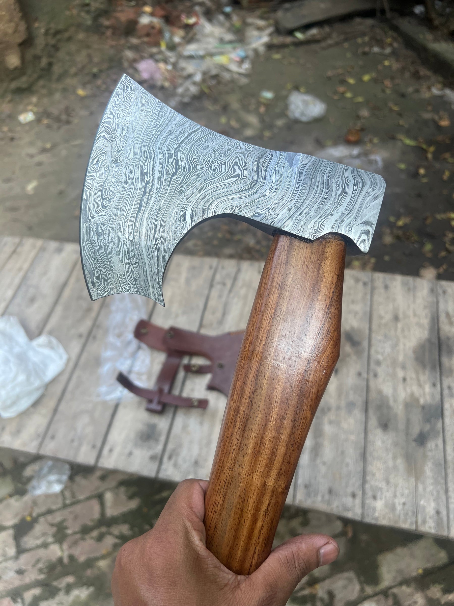 Damascus Viking Bearded Hatchet with Bare Wood Haft