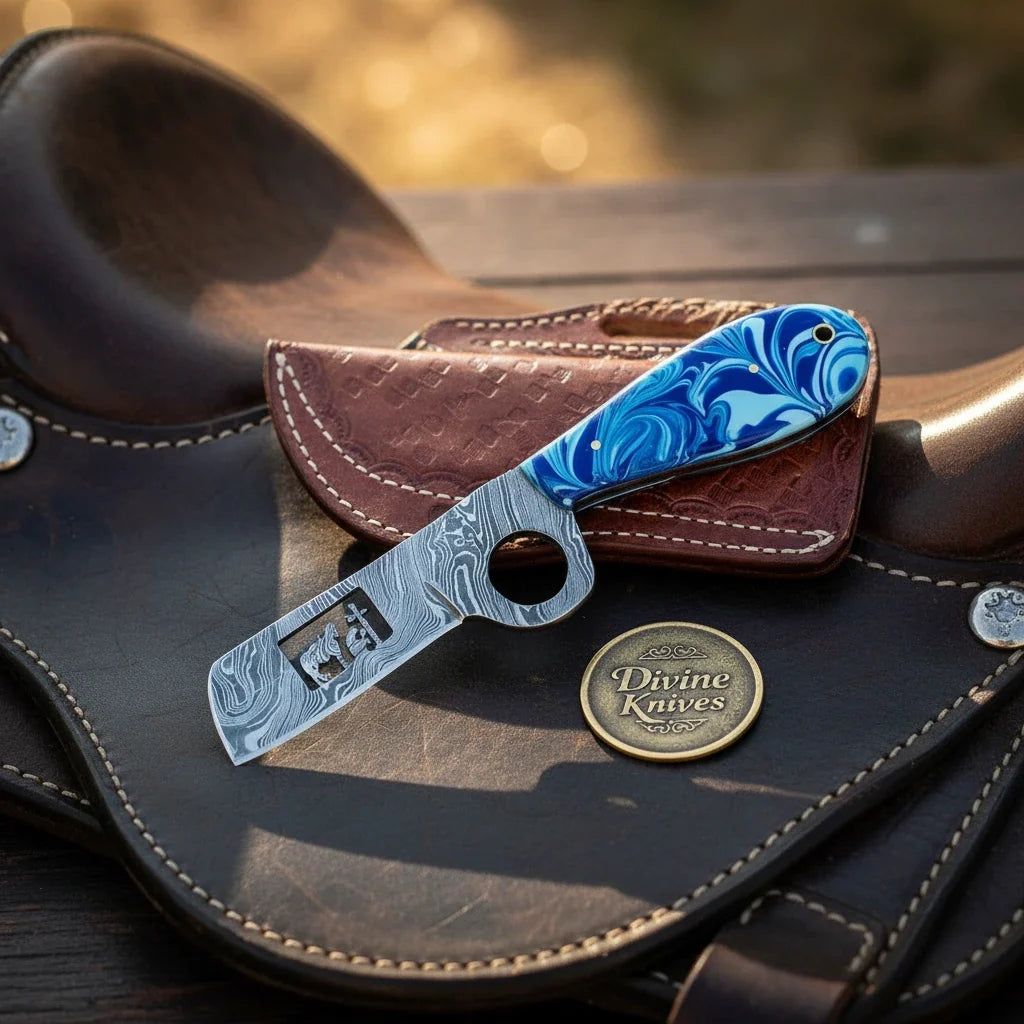Blue Swirl Mini Bull Cutter Knife with Basket-Weave Sheath by Divine Knives — product view 2
