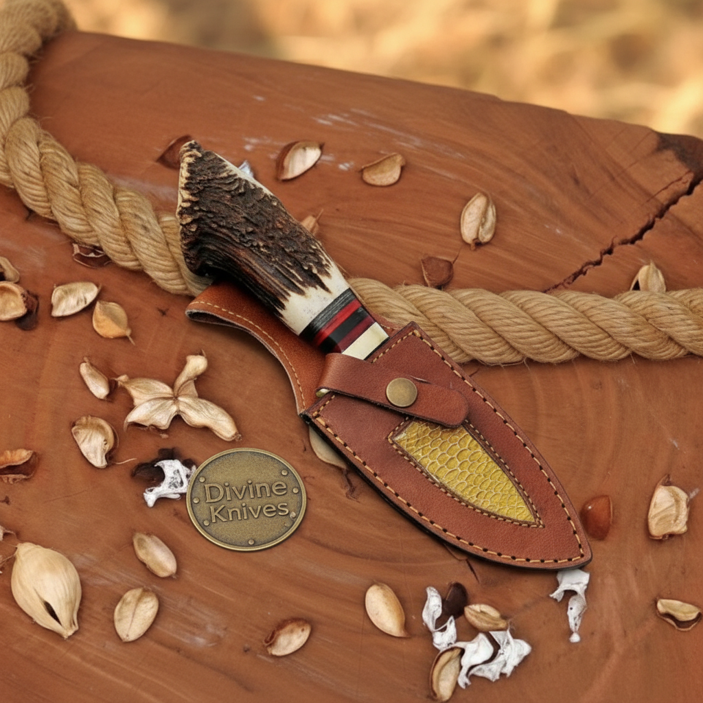 Crown Stag Deer Cutout Damascus Skinner with Deer Cutout by Divine Knives — product view 2