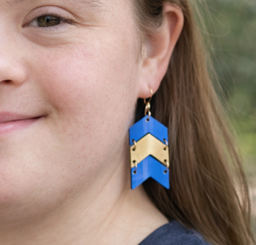 Blue Yellow Chevron Earrings, Down Syndrome Awareness Jewelry