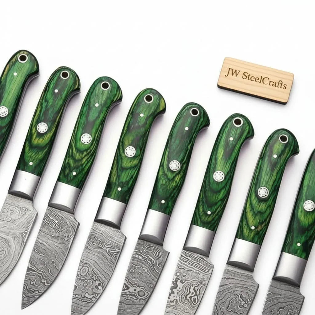 8-Piece Damascus Steak Knife — Twisted Damascus Blades, Green Pakka Wood Handles by JW SteelCrafts, Damascus knife detail photo 2
