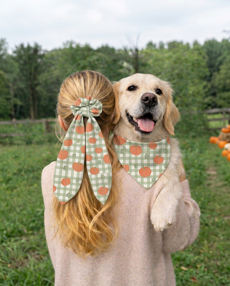 Plaid Ghost & Pumpkins Reversible Dog Bandana & Matching Scrunchie Set by Dog Bandana Co., product view 3