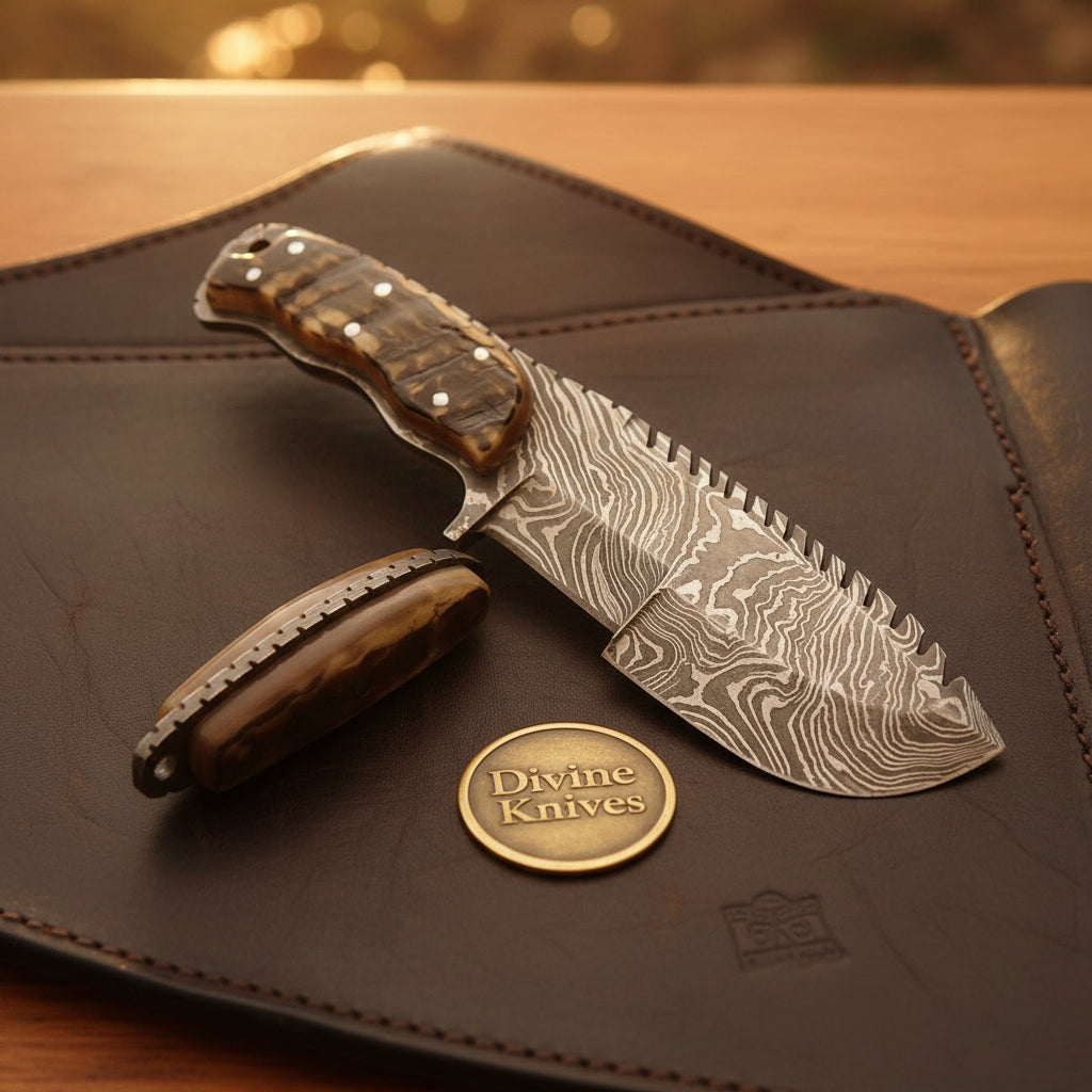Ramhorn Damascus Sawback Tracker by Divine Knives