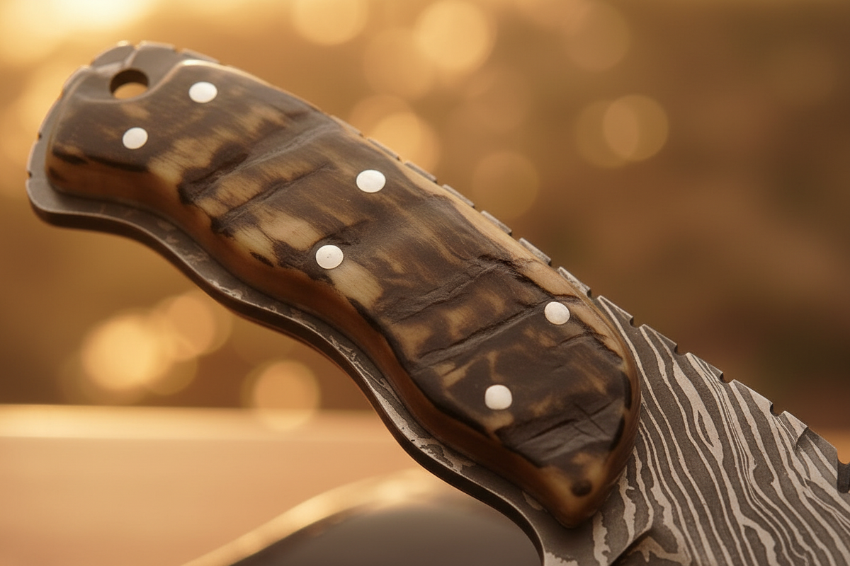 Ramhorn Damascus Sawback Tracker by Divine Knives — detail view 2