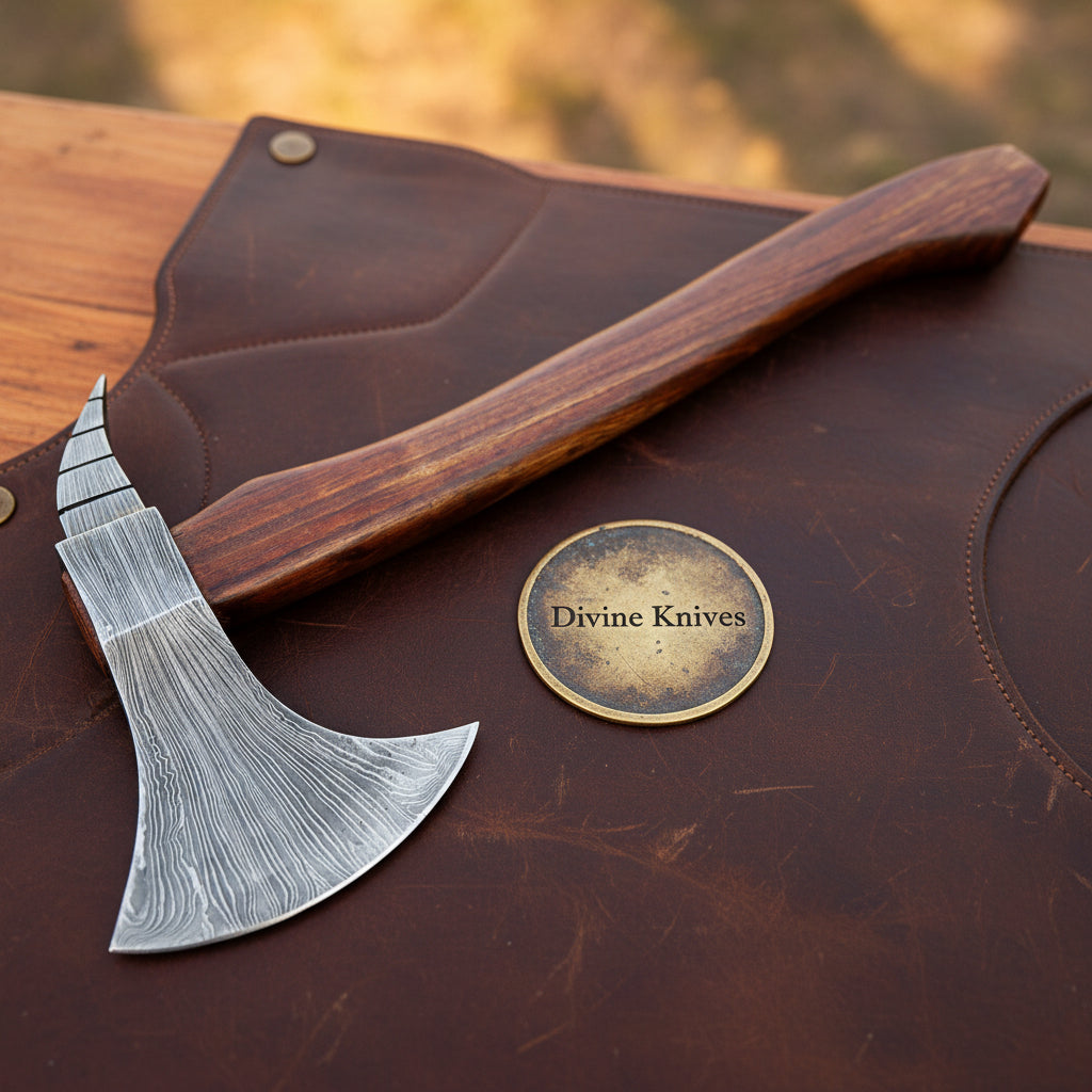 Hand Forged Bearded Viking Axe with Layered Steel Head and Shaped Hardwood Haft by Divine Knives — product view 1