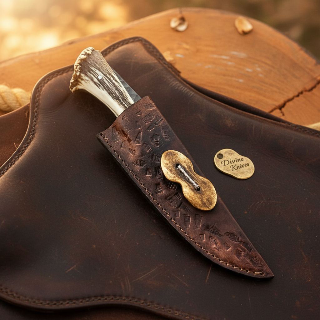Hand Forged Field Dressing Knife with Blackened Carbon Steel Blade and Stag Crown Grip by Divine Knives — product view 3