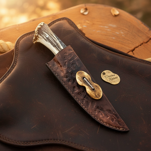 Hand Forged Field Dressing Knife with Blackened Carbon Steel Blade and Stag Crown Grip by Divine Knives — product view 3