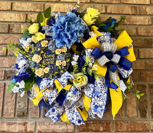 Blue & Yellow Welcome Wreath | Gingham Front Door Decor by Bouge Creations, view 3