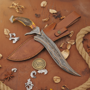 Stag Horn Trailing Point Bowie with Deep Curved Forged Blade and Leather Sheath by Divine Knives — product view 2