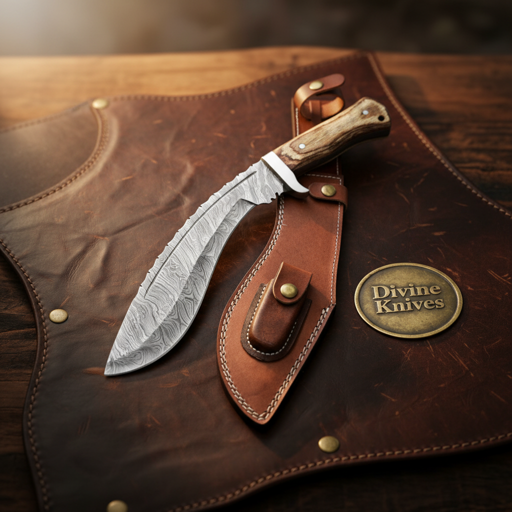 Hardwood Damascus Gurkha Kukri with Natural Wood Handle by Divine Knives — product view 1