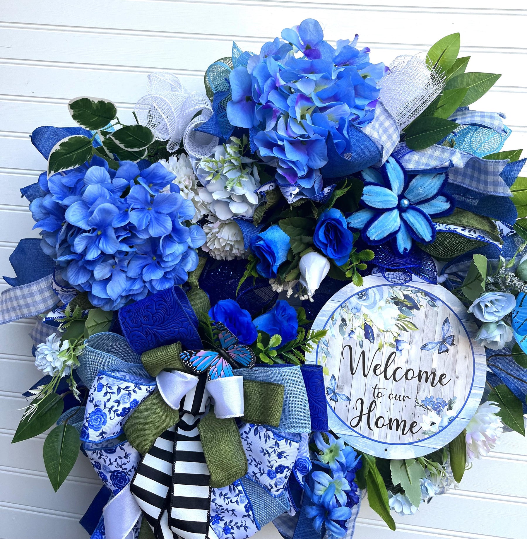 Blue Hydrangea Welcome Wreath | Front Door Decor by Bouge Creations, view 3