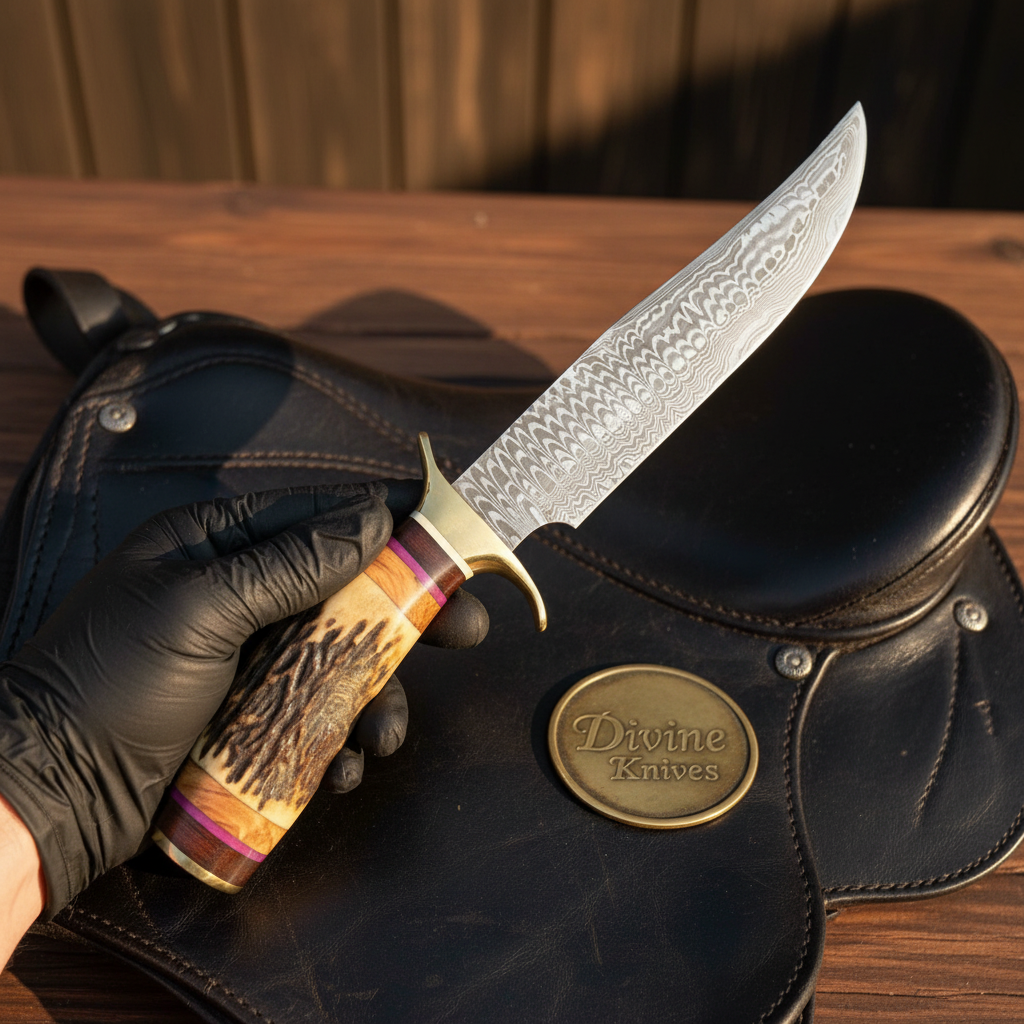 Stag Horn Segmented Damascus Classic Bowie with Banded Handle by Divine Knives — product view 1