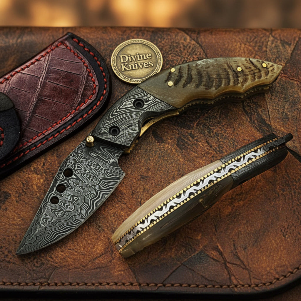 Damascus Ramhorn Liner Lock Pocket Knife by Divine Knives