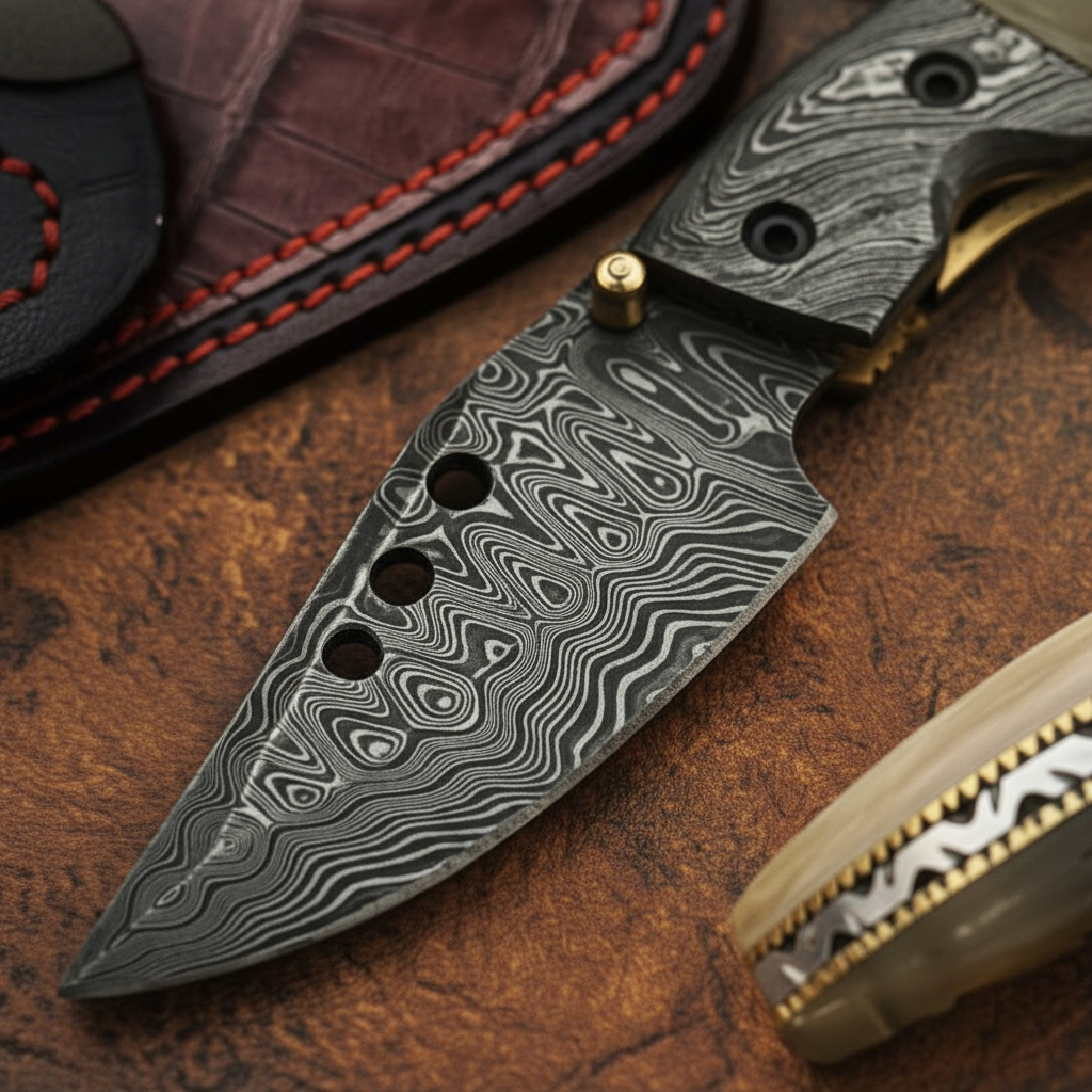 Damascus Ramhorn Liner Lock Pocket Knife by Divine Knives — detail view 2