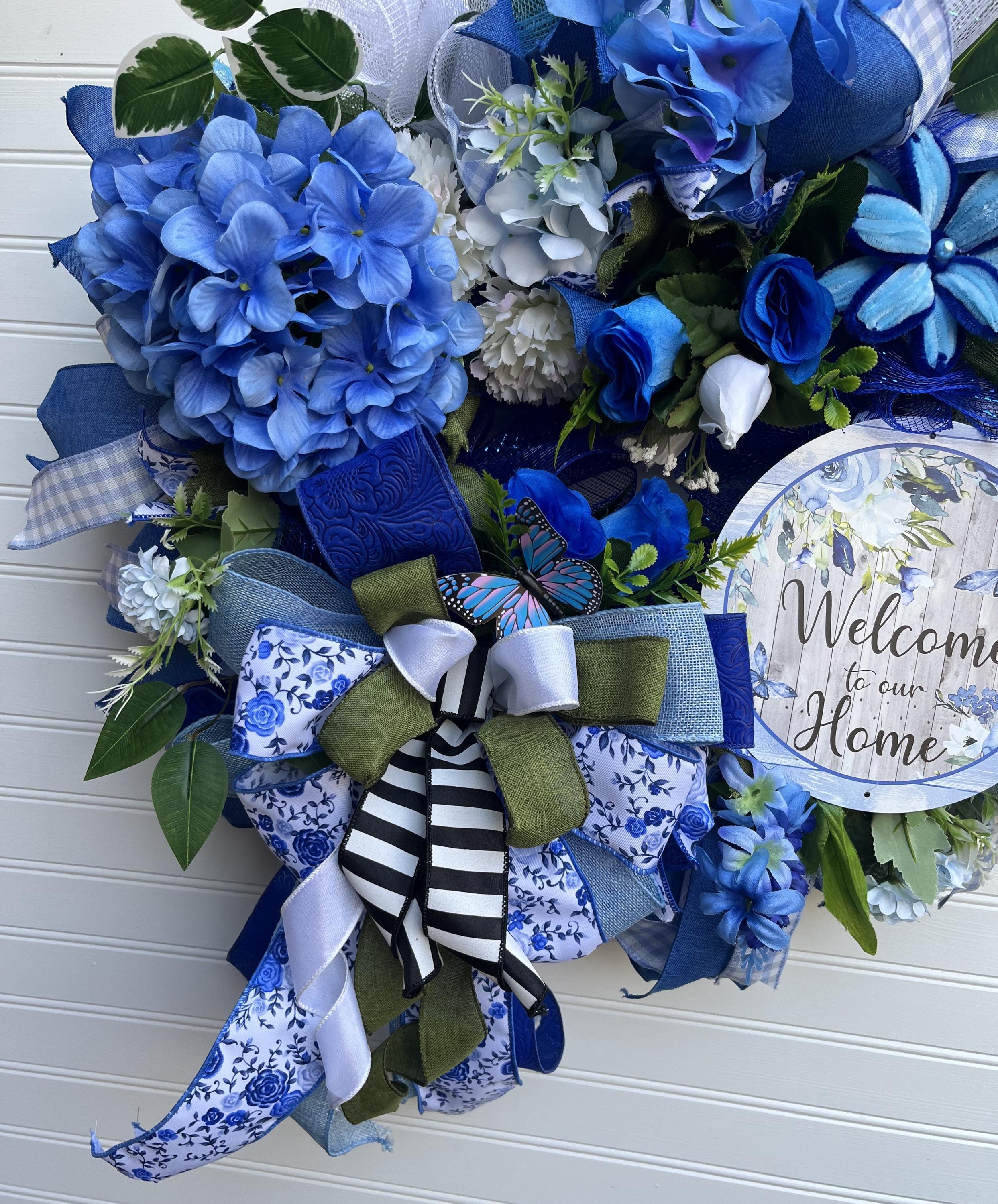 Blue Hydrangea Welcome Wreath | Front Door Decor by Bouge Creations, view 2