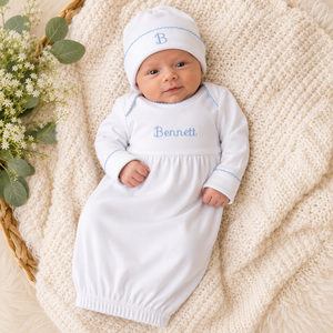Personalized Newborn White Gown with Blue Picot Trim and Custom Embroidery