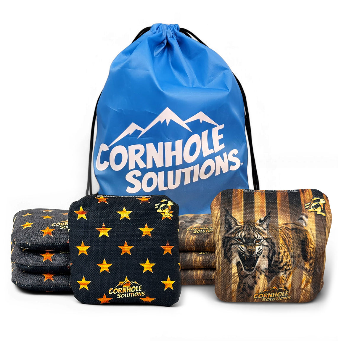 Bobcat/Rustic Stars - Pro Style REC Cornhole Bags – Regulation 6"x6" – Full Set of 8 by Cornhole Solutions, custom cornhole board main product photo