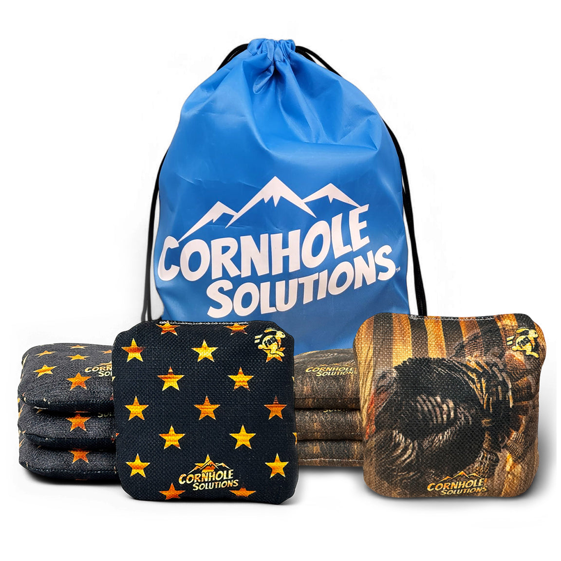 Turkey/Rustic Stars - Pro Style REC Cornhole Bags – Regulation 6"x6" – Full Set of 8 Cornhole Solutions