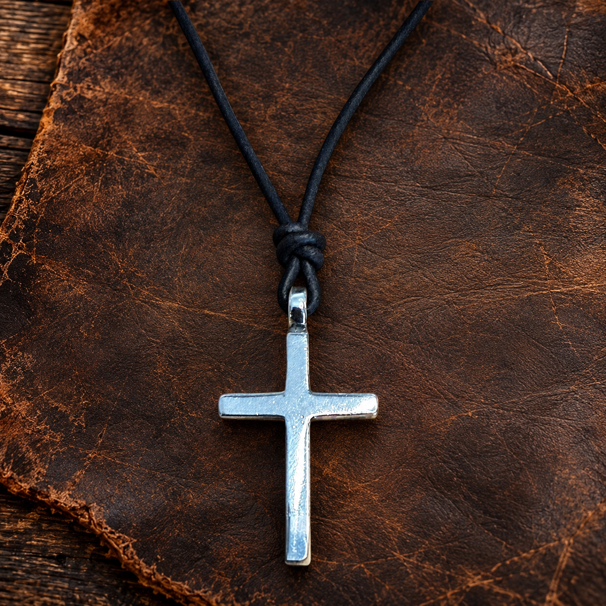 Classic Cross Necklace - Sterling Silver on Leather Cord