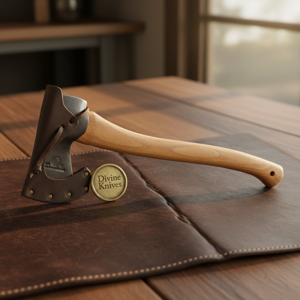 Rune Etched Norse Battle Axe with Gold Accents & Blue Stone Inlays by Divine Knives — product view 1