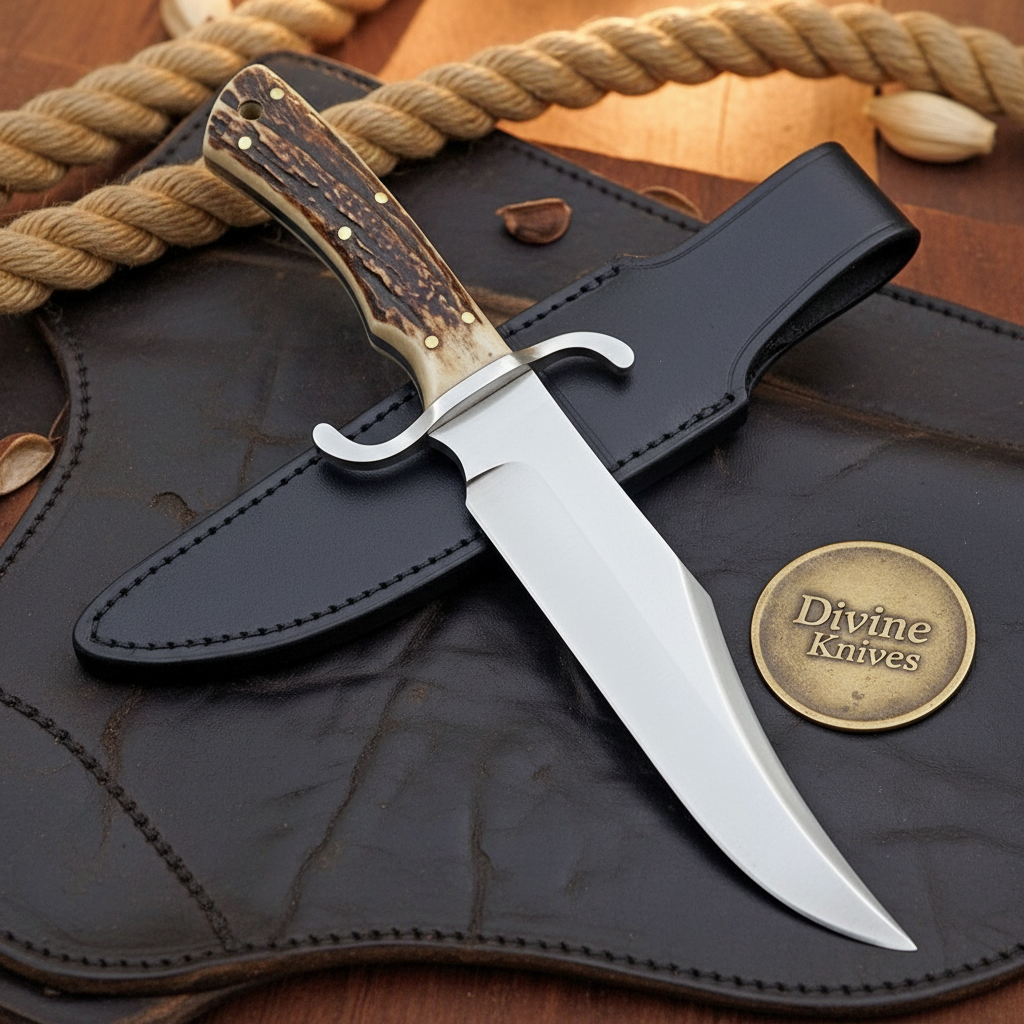 Jigged Stag Bowie Knife with Mirror Polished Clip Point Blade and Black Leather Sheath by Divine Knives — product view 1