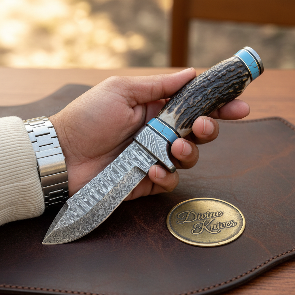 Turquoise Inlay Hunting Knife with Stag Antler Handle and Hand Forged Drop Point Blade by Divine Knives — product view 2