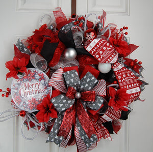 Red Poinsettia Christmas Wreath | Gold Plaid Door Decor by Bouge Creations, view 5