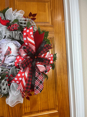 Cardinal Christmas Wreath | Red Plaid Winter Door Decor by Bouge Creations, view 6