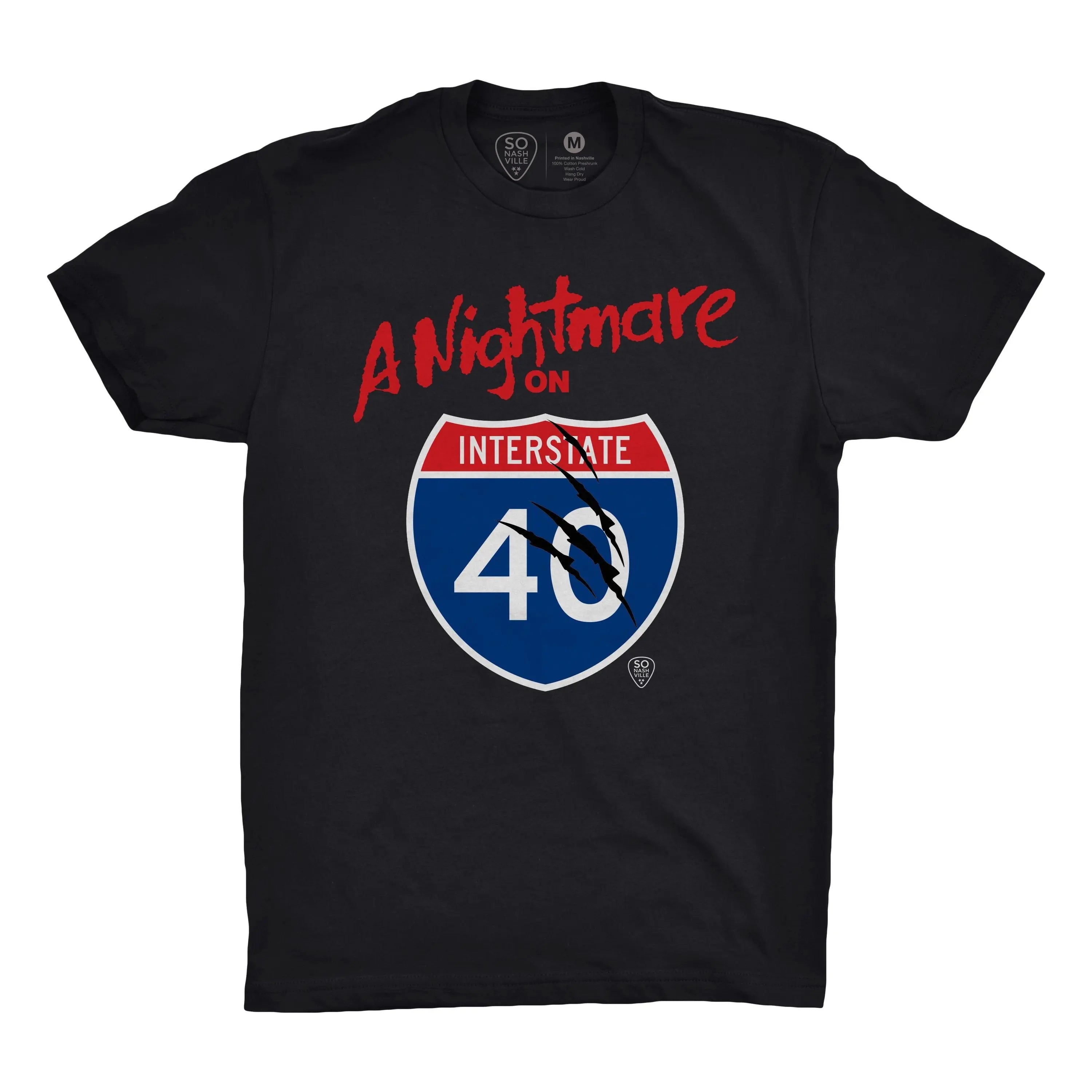 Black t-shirt with red 'A Nightmare on Interstate 40' text and shield graphic.