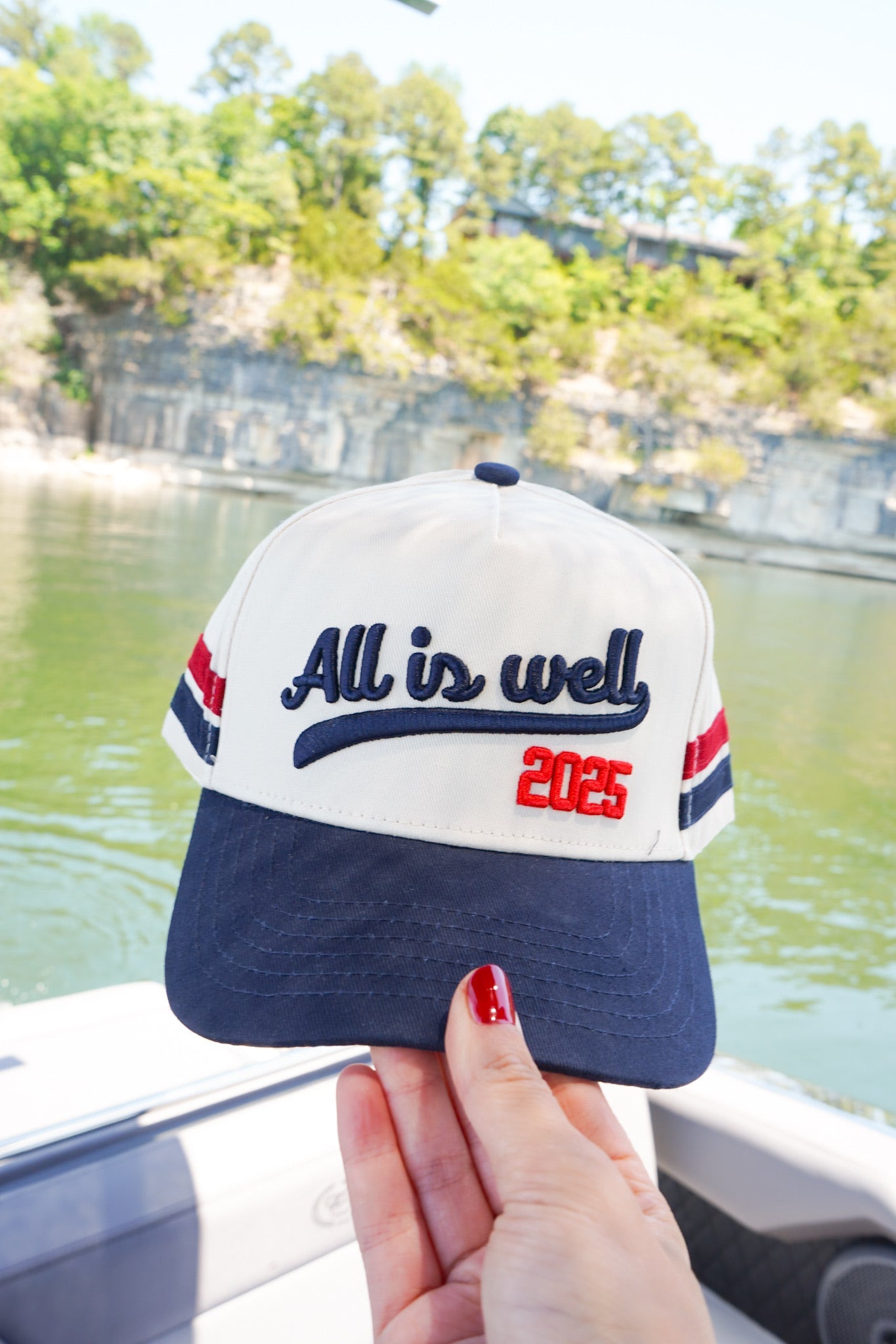 All is Well - Navy Vintage Trucker Hat by KenzKustomz, Southern lifestyle apparel main product photo