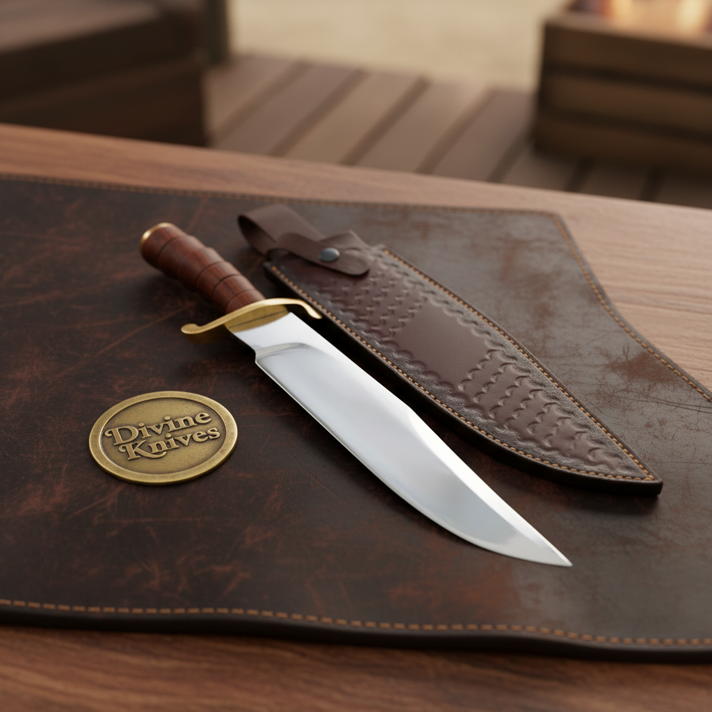 Rosewood Handle Bowie Knife with Mirror Polished Clip Point Blade & Tooled Sheath by Divine Knives — product view 1