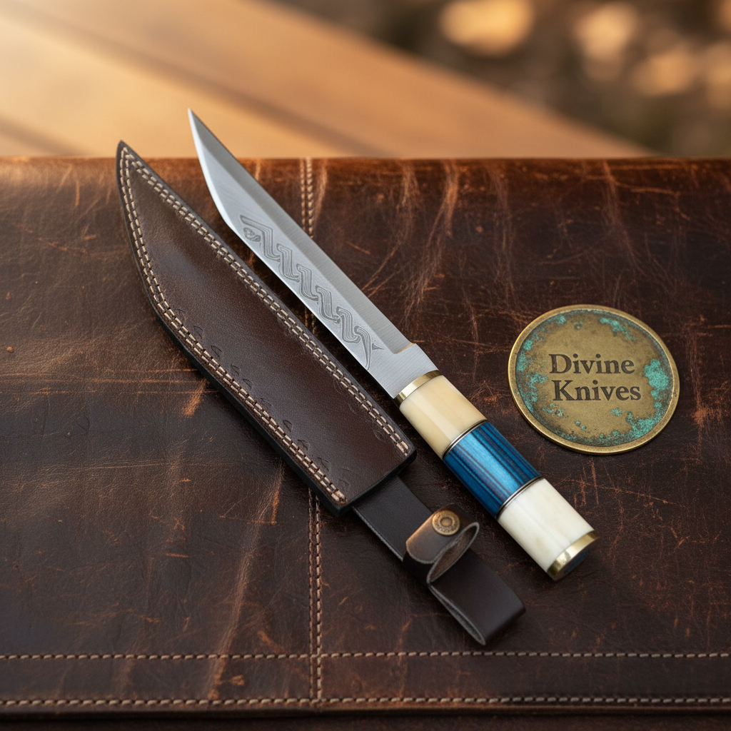 Hybrid Handle Broken-Back Seax Knife with Bone and Blue Accent Handle by Divine Knives — product view 2