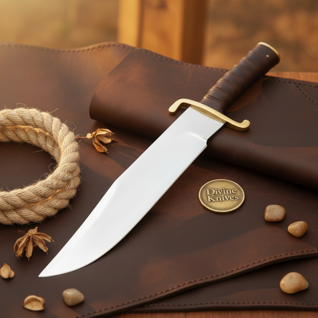 Brown Wood D2 Steel Clip Point Bowie with Ridged Grip by Divine Knives — product view 2