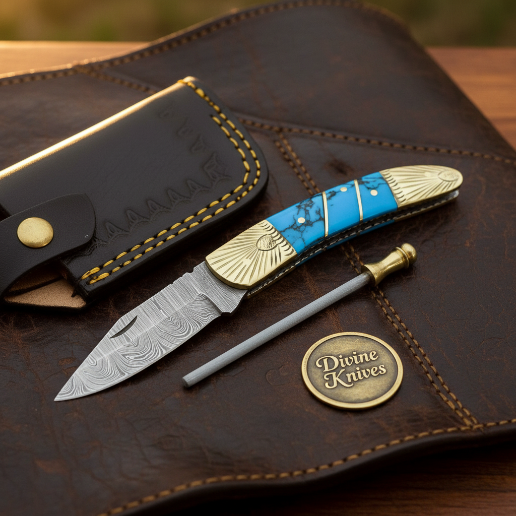 Engraved Brass Bolster Damascus Folder by Divine Knives