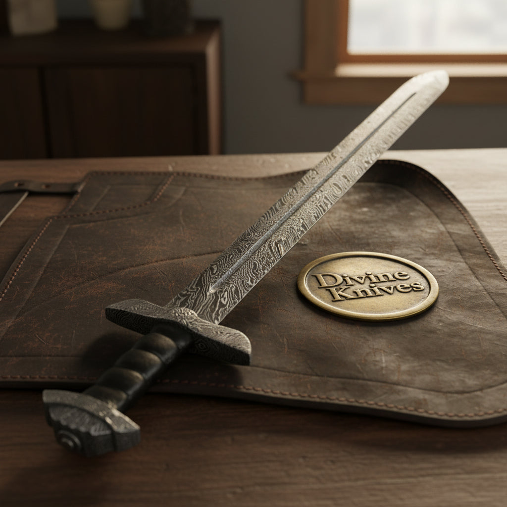 Hand Forged Viking Sword Set with Pattern Welded Blades and Stitched Black Scabbard by Divine Knives — product view 2