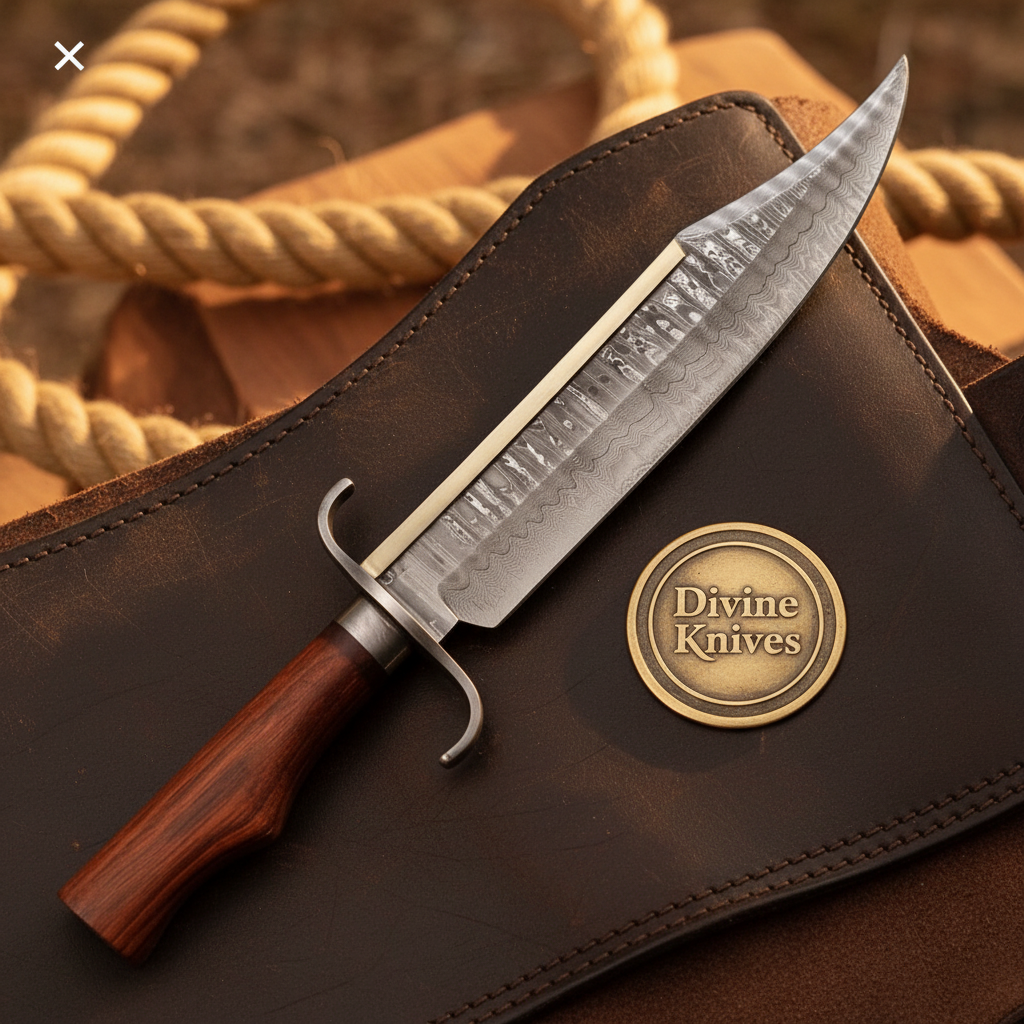 Hand Forged Frontier Bowie Knife with Rosewood Handle and Layered Clip Point Blade by Divine Knives — product view 2