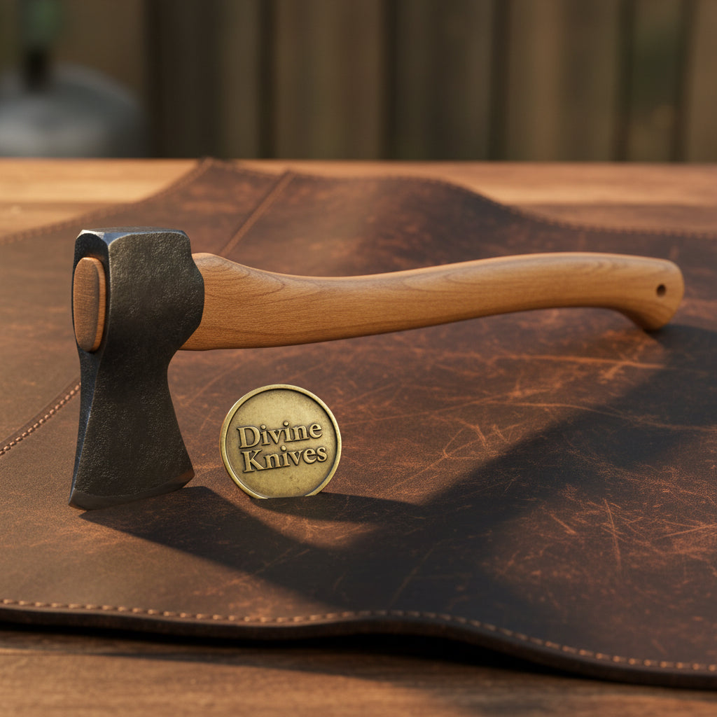 Scandinavian Hewing Axe with Curved Hickory Handle & Leather Bit Guard by Divine Knives — product view 2