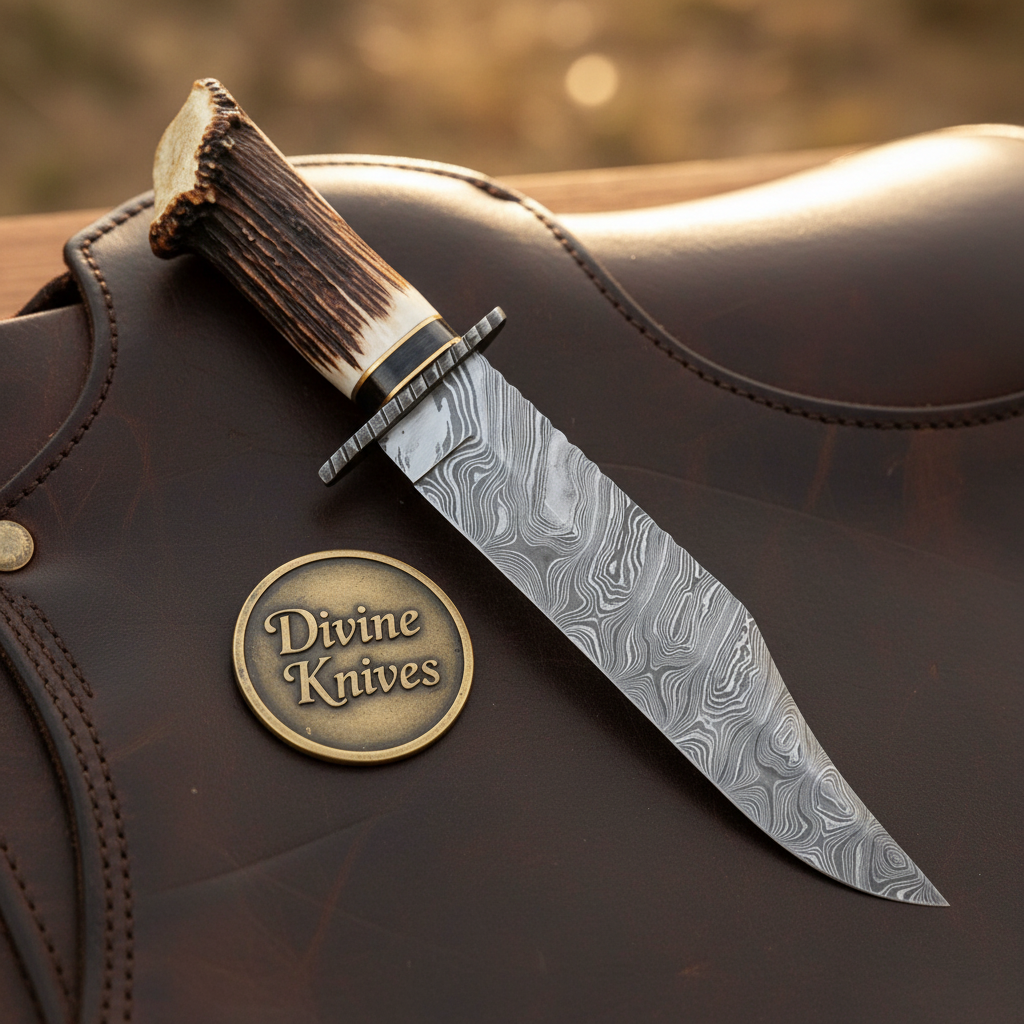 Crown Antler Bowie Knife with Hand Forged Layered Blade and Stitched Leather Sheath by Divine Knives — product view 2
