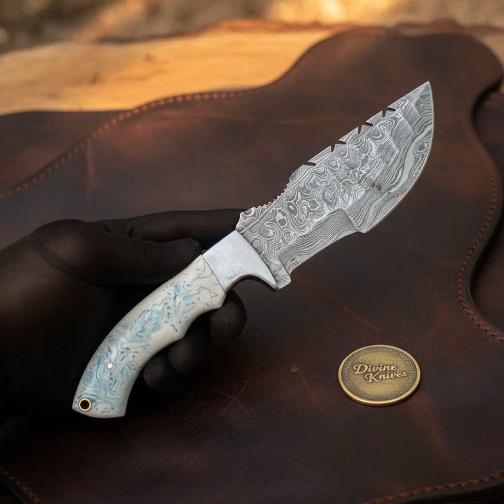 White Resin Tom Brown Tracker Knife with Damascus Blade by Divine Knives — product view 1